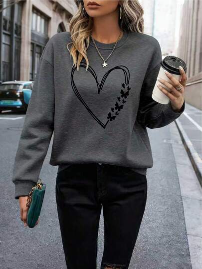EMERY ROSE Dark Gray Women's Sweatshirt, Loose And Casual, Warm And Comfortable, Mature And Elegant, With Heart Line Prints
