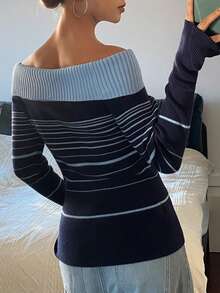 Livesso 女士休闲露肩条纹毛衣，秋季可爱上衣 - 藏蓝色 - 查看 2