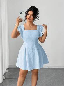 Elenzga Plus Size Women's Elegant Vacation Style Solid Color Jacquard Ruffle Armhole Waist Cinched Dress, Summer