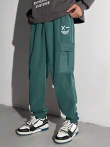 SHEIN Teen Boy Letter Graphic Flap Pocket Cargo Pants - Army Green - View 2