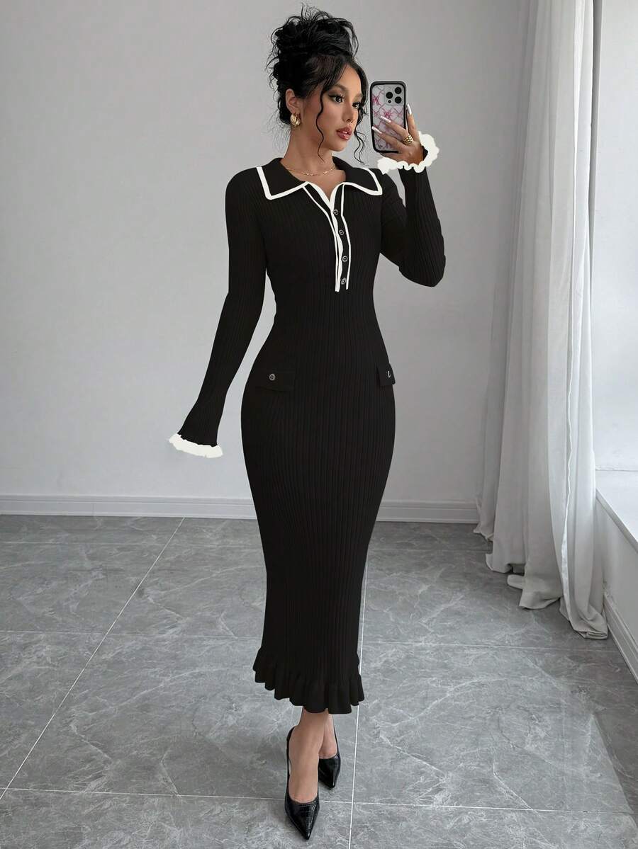 Elenzga Collared Color Block Trim Fitted Elegant Long Sleeve Sweater Dress - Black - View 1