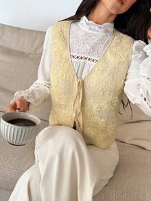 SHEIN Frenchy Veste sans manches régulière en tweed à broderie florale élégante pour femmes, automne/hiver 2025, style français, hauts preppy, brunch, Nouvel An, Noël, Thanksgiving, décontracté, vintage, minimaliste, navetteur, bureau, parfait pour le port quotidien - Nude - Voir 5