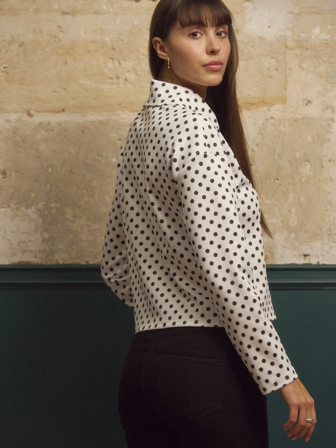 Moletom com Zíper e Bolinhas Brancas, Top de Manga Longa com Bolinhas para Sair, Elegante, Fitness, Macio, Primavera Verão