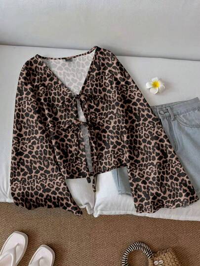 SHEIN LUNE Casual Vintage Romantic Commute Leopard Print Pattern Women Casual Printed Tie Flare Sleeve Top, Comfortable For Autumn/Winter