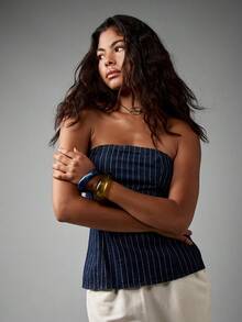 AiiRZ Strapless Pinstripe Denim Bandeau Top For Summer Festival Casual Wear