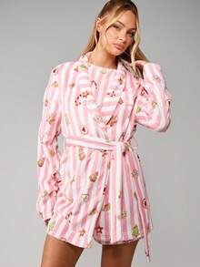 MISSGUIDED 圣诞印花条纹羊毛晨衣连帽浴袍节日休闲长袍腰带 - 彩色 - 查看 5