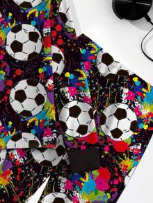 SHEIN Conjunto de 2 piezas para niños y preadolescentes, ajuste ceñido, estampado de fútbol que brilla en la oscuridad, negro, cuello redondo, otoño, lindo, casual, top y pantalones de pijama para estar en casa - Negro - Ver 4