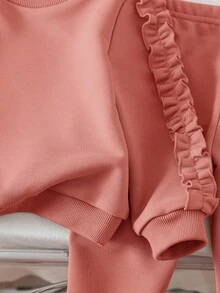 SHEIN 2pcs Baby Girl Cute Solid Color Ruffle Trim Sweatshirt & Sweatpants Set, Autumn/Winter - Dusty Pink - View 6