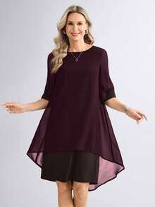 Miaspire Elegant Solid Color Chiffon Mid-Length Dress For Women, Spring/Summer - Brown - View 1