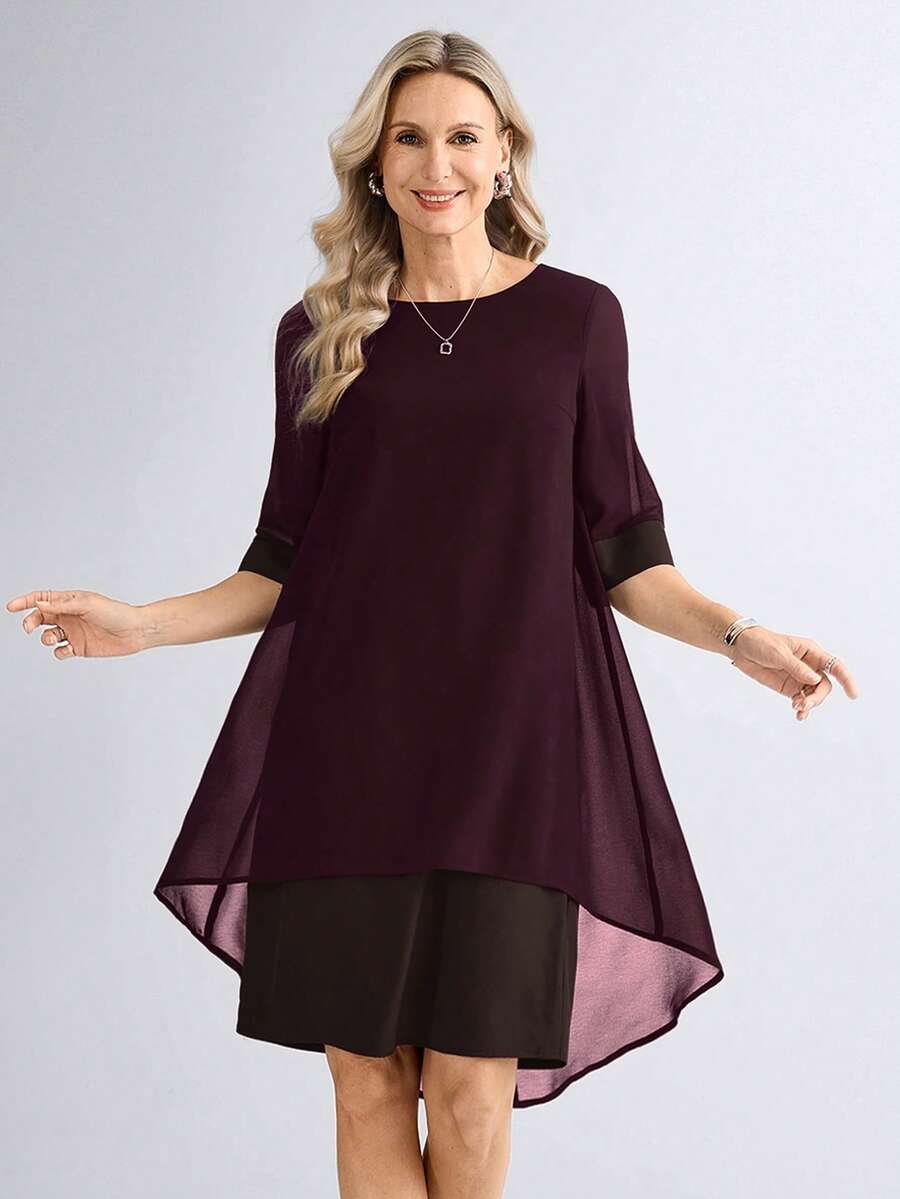 Miaspire Elegant Solid Color Chiffon Mid-Length Dress For Women, Spring/Summer - Brown - View 1
