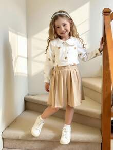 Elladie kids Bộ 2 áo sơ mi in hình gấu và chân váy xếp ly cho bé gái - Màu tím - Xem 2