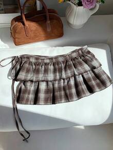 SHEIN Comfortcana Women's Fashionable Plaid Print Mini Skirt - Coffee Brown - View 4