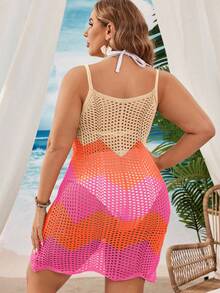 SHEIN Swim Vcay Váy len hở tay khoét lỗ màu tương phản cỡ lớn cho nữ - Nhiều màu - Xem 3