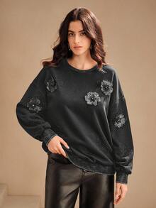Anewsta Women's Casual Rhinestone Embellished Snowflake Decor Round Neck Long Sleeve Pullover Sweatshirt, Black, Thermal Lined For Autumn/Winter - Black - View 3