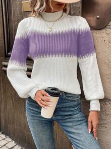 EURMUSE High Neck Color Block Patchwork Lantern Sleeve Casual Matching Commute Everyday Family Outdoor Women Sweater Jumper Purple And White Christmas Fall - Lilac Purple - View 3