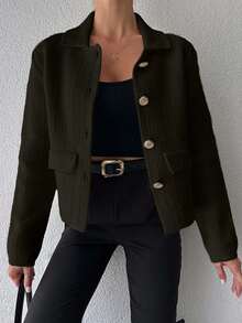 EURMUSE Women's Solid Color Front Button Closure Elegant Office Wear Long Sleeve Cardigan,Petite Cardigans,Cardigans - Army Green - View 5