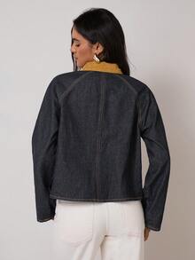 COSMINA Denim 女式休闲时尚撞色翻领口袋牛仔夹克，春秋 - 藏蓝色 - 查看 2