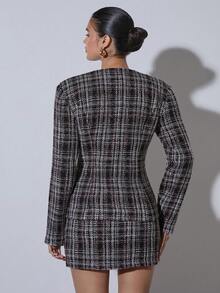 COSMINA Women's Elegant Tweed Suit Set, Short Style, Versatile For Commuting And Office Wear, Autumn/Winter Tweed Two Piece Set Plaid Two Piece Set - Black - View 2