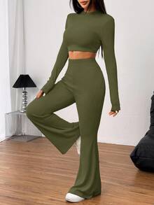 SHEIN EZwear 2 件套女式休闲纯色针织圆领长袖短款修身 T 恤和高腰喇叭裤 - 軍綠色 - 查看 5