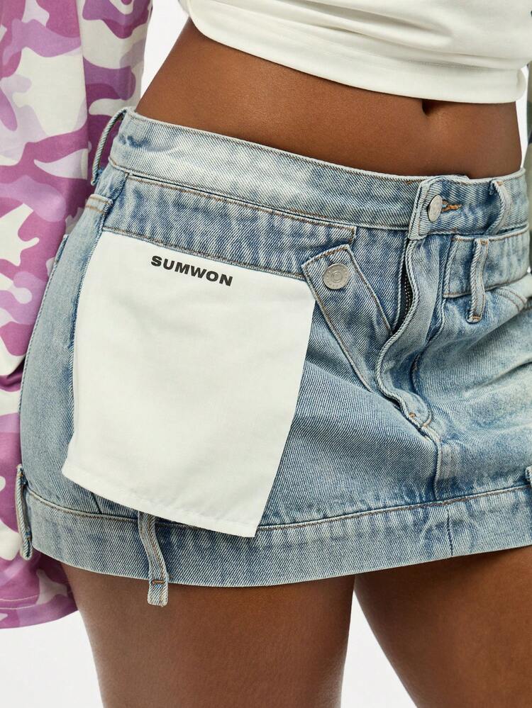 SUMWON WOMEN Deconstructed Denim Mini Skirt With White Patch Detailing
