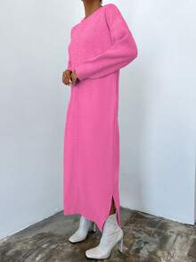 EURMUSE Women's Casual Solid Color Side Slit Maxi Sweater Dress, Autumn Winter - Hot Pink - View 3