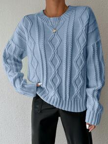 EURMUSE 1pc Women Casual Solid Color Drop Shoulder Loose Cable Knit Blue Sweater - Baby Blue - View 4