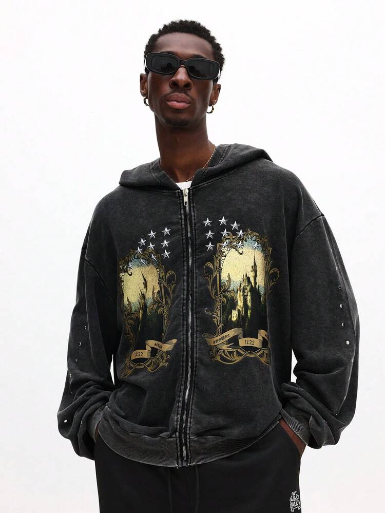 Kapuzenjacke mit Reißverschluss und Schloss-Print und Sternen