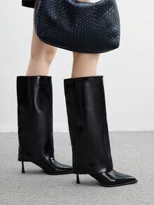 CUCCOO BIZCHIC ​​Glossy Pointed Knee-High Boots | Unique Sculpted Heel | Folded Boot Cuff | Minimalist Women's Boots | 2 Pairs, Premium Faux Leather​​ - Black - View 1