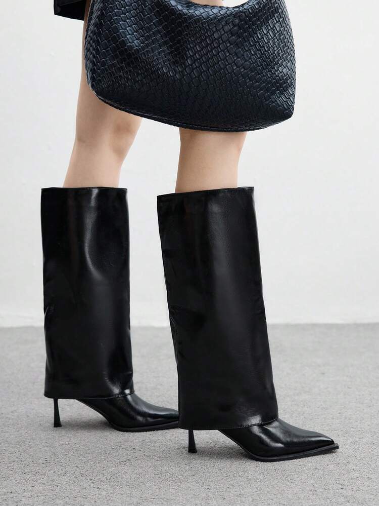 CUCCOO BIZCHIC ​​Glossy Pointed Knee-High Boots | Unique Sculpted Heel | Folded Boot Cuff | Minimalist Women's Boots | 2 Pairs, Premium Faux Leather​​