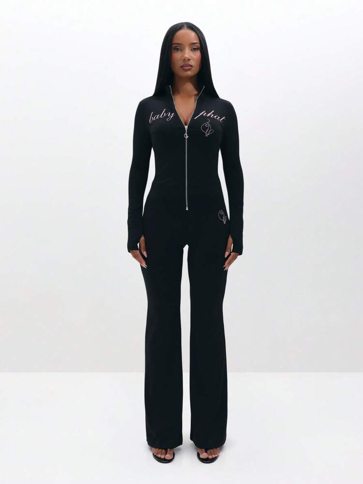BABYPHAT 캐주얼한 일상복을 위한 자수 스크립트와 지퍼 디테일이 있는 풀온 플레어 레깅스