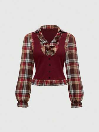 Goth Camicia/blusa da donna a maniche lunghe, stile vintage gotico, con patchwork a quadri, 2 in 1