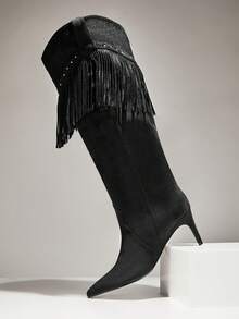 SHUZIA Women's Glamorous Pointy Toe Kitten Heel Fringe Knee High Boots - Black - View 2