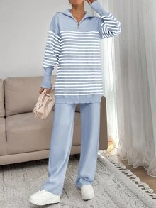 EURMUSE Women Stripe Pattern Zip Detailed Neck Drop Shoulder Pullover & Sweater Pants Set - Baby Blue - View 5