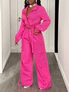 BamGleam 2pcs Fashionable Sexy Bright Color Long Sleeve Crinkle Jumpsuit For Women Fall Cloth For Women - Pink - View 3
