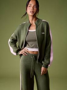 MISSGUIDED 女士拉链开衫运动外套复古条纹袖针织秋冬时尚休闲Y2K毛衣，饰有运动MG标志刺绣，圣诞节 - 綠色 - 查看 5