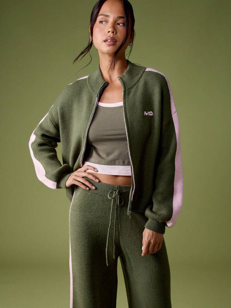 MISSGUIDED Women Zip Up Cardigan Track Jacket Retro Stripe Sleeve Knit Fall Winter Fashion Casual Y2K Sweater With Sporty MG Logo Embroidery Christmas