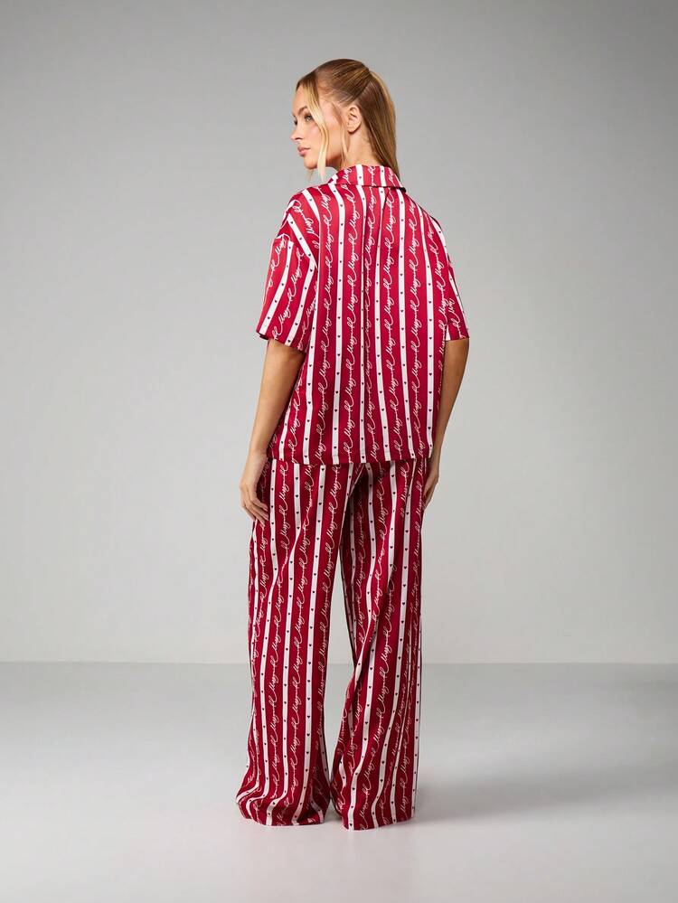 MISSGUIDED Set pigiama natalizio con motivo a righe verticali e camicia con bottoni davanti