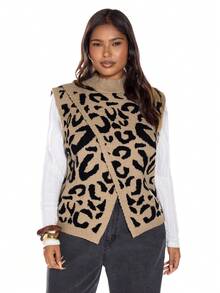 Solavibe Plus Size Black Summer Smart Casual Everyday Retro Leopard Patterned Sweater Vest,High Round Neck Center Slit Knit Top For Fall Winter Office Wear - Multicolor - View 4