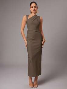 Silquee Women's Elegant Solid Color Asymmetric Collar Sleeveless Dress, Summer