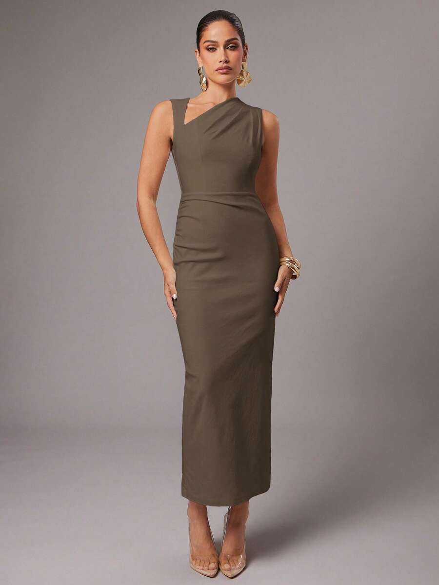 Silquee Women's Elegant Solid Color Asymmetric Collar Sleeveless Dress, Summer