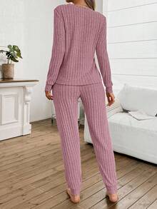 SHEIN Women's Ribbed Fleece V-Neck Long Sleeve Top & Pants Cozy Pajama Set, Winter Clothes