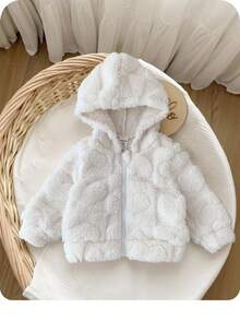 SHEIN 新生女婴厚羊毛连帽夹克，带有可爱的心形图案，秋冬