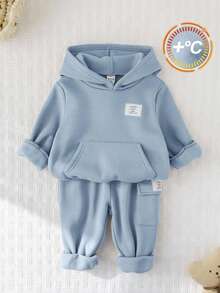 SHEIN 2pcs/Set Baby Boy/Girl Casual Sports Letter Graphic Pocket Hoodie & Elastic Waist Pants Set, Suitable For Autumn/Winter - Blue - View 9