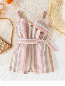 寶寶女孩夏季紋路牛仔露背連身裝，適用於休閒及假期，並帶腰帶