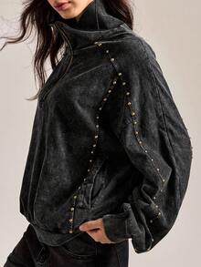 Easelle 宽松水洗铆钉拉链卫衣 黑色水洗秋冬百搭雪洗卫衣 铆钉复古休闲 - 黑色 - 查看 3