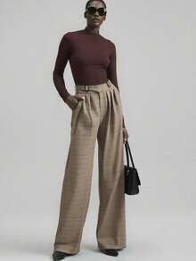 Ontre 2025年新款女式格子裤，都市时尚风格，极简舒适，棕色，复古，D形环扣，休闲裤，商务休闲，通勤装，返校季 - 摩卡棕 - 查看 5