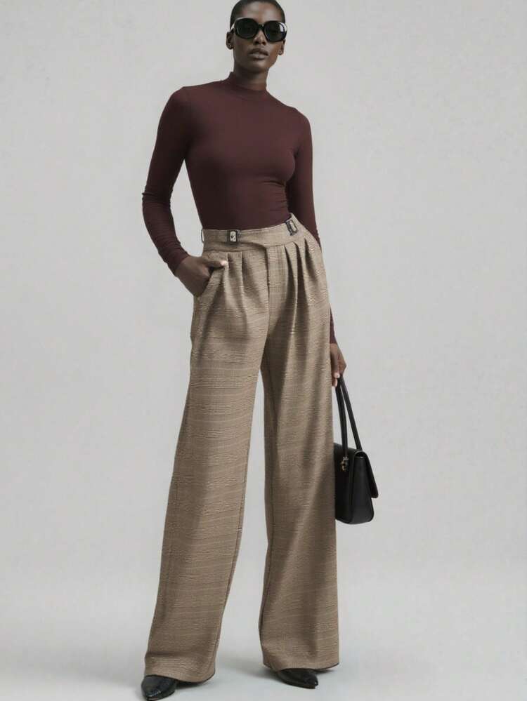 2025 Women's Plaid Trousers,Taupe,Autumn,Elegant,Dinner,Urban Chic D-Ring Retro Casual Pants,Business Office Wear,Old Money Style Commuter Minimalist
