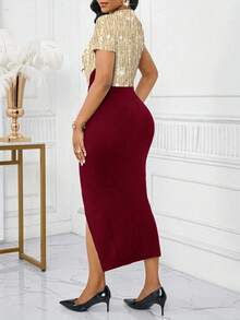 SHEIN Lady 女士时尚派对拼色扭结紧身连衣裙 - 酒紅色 - 查看 2