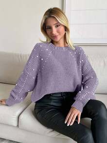 EURMUSE Damen Pullover mit Rundhalsausschnitt, Rippenstruktur und Perlenverzierung, Langarm Strick - Lila - Übersicht 6