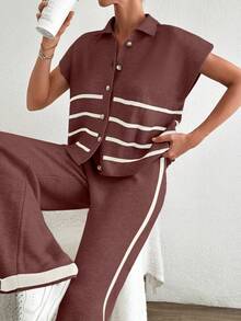 SHEIN Cottnline Women Striped Single-Breasted Batwing Short Sleeve Knitted Cardigan & Long Pants 2-Piece Set - Dusty Pink - View 5